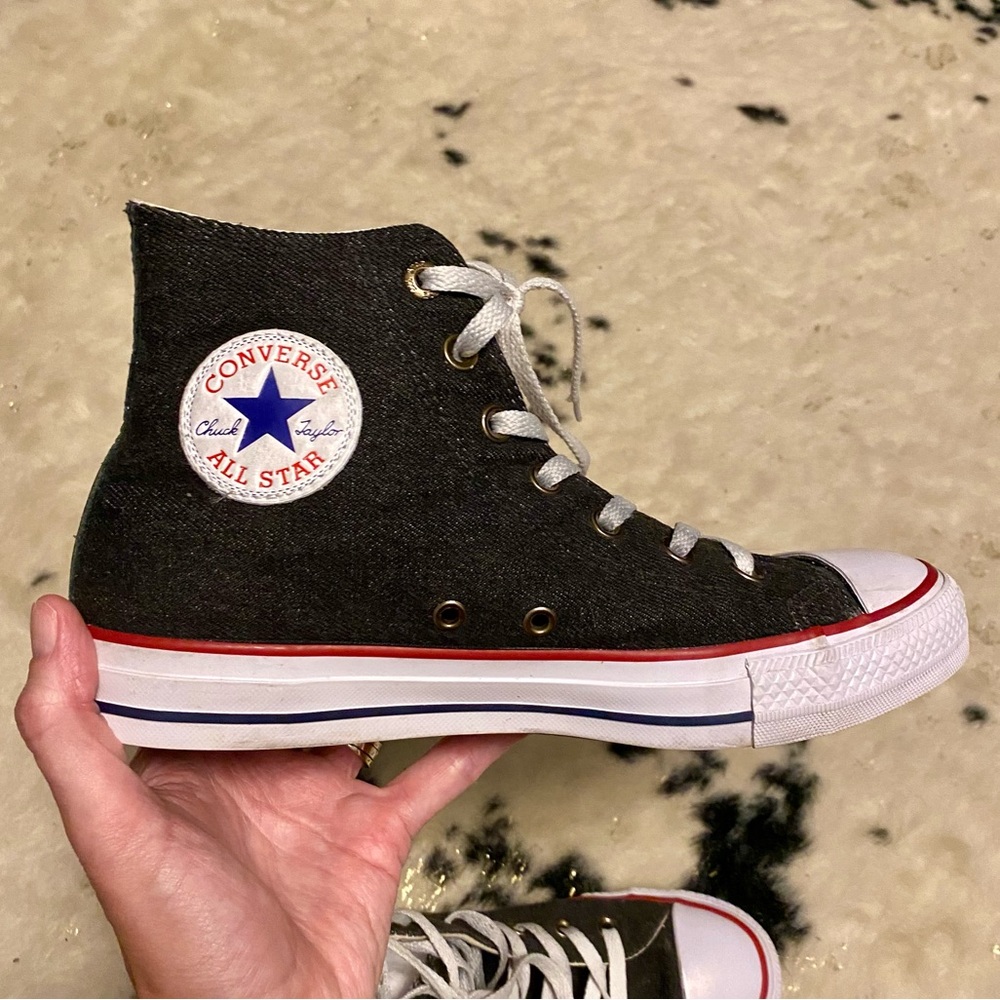 Leather & Charcoal Denim High-Top Converse Size Women’s 8—Rare Find ‼️